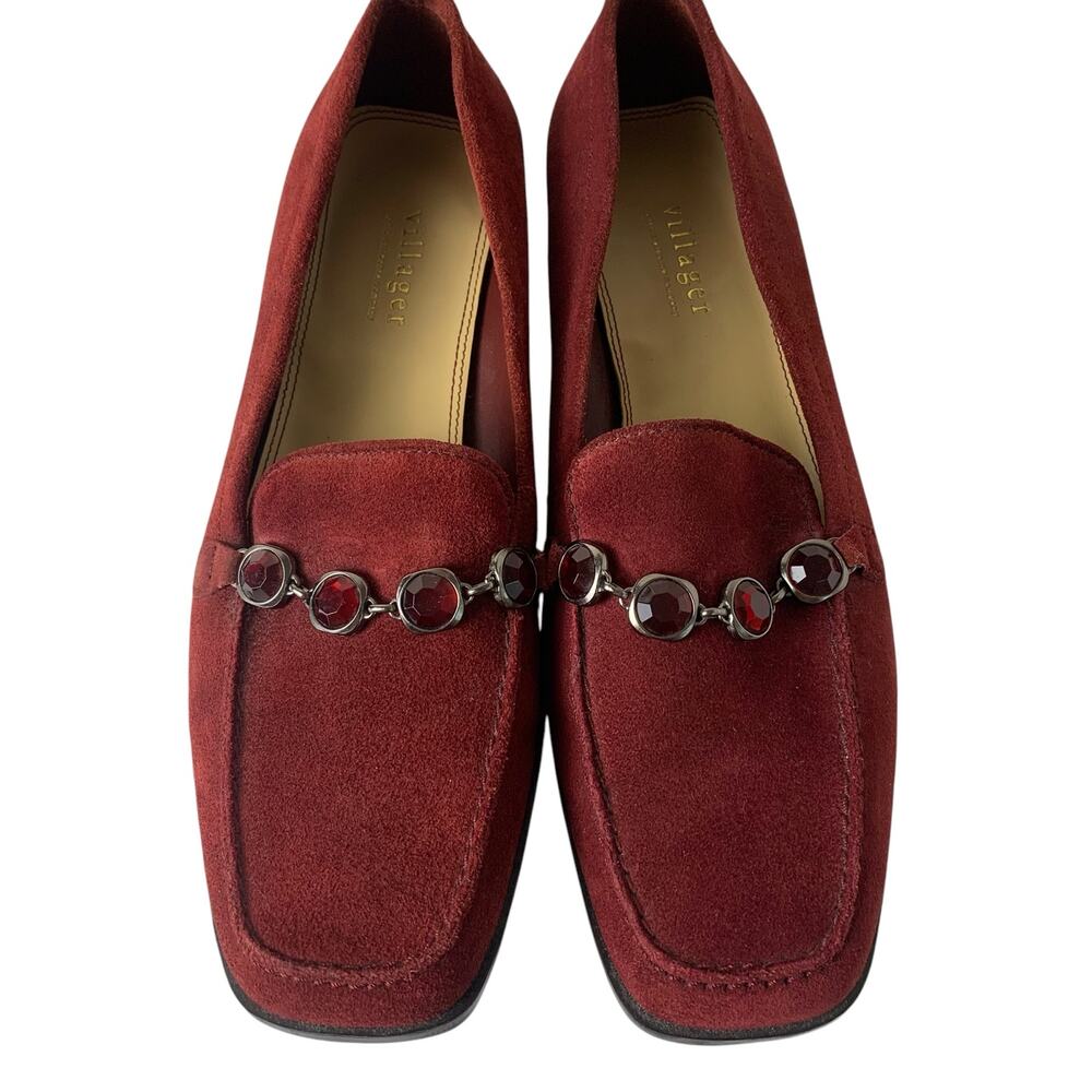 Villager by Liz Claiborne Sz 9.5M Wilma Embellished Suede Loafers Burgundy